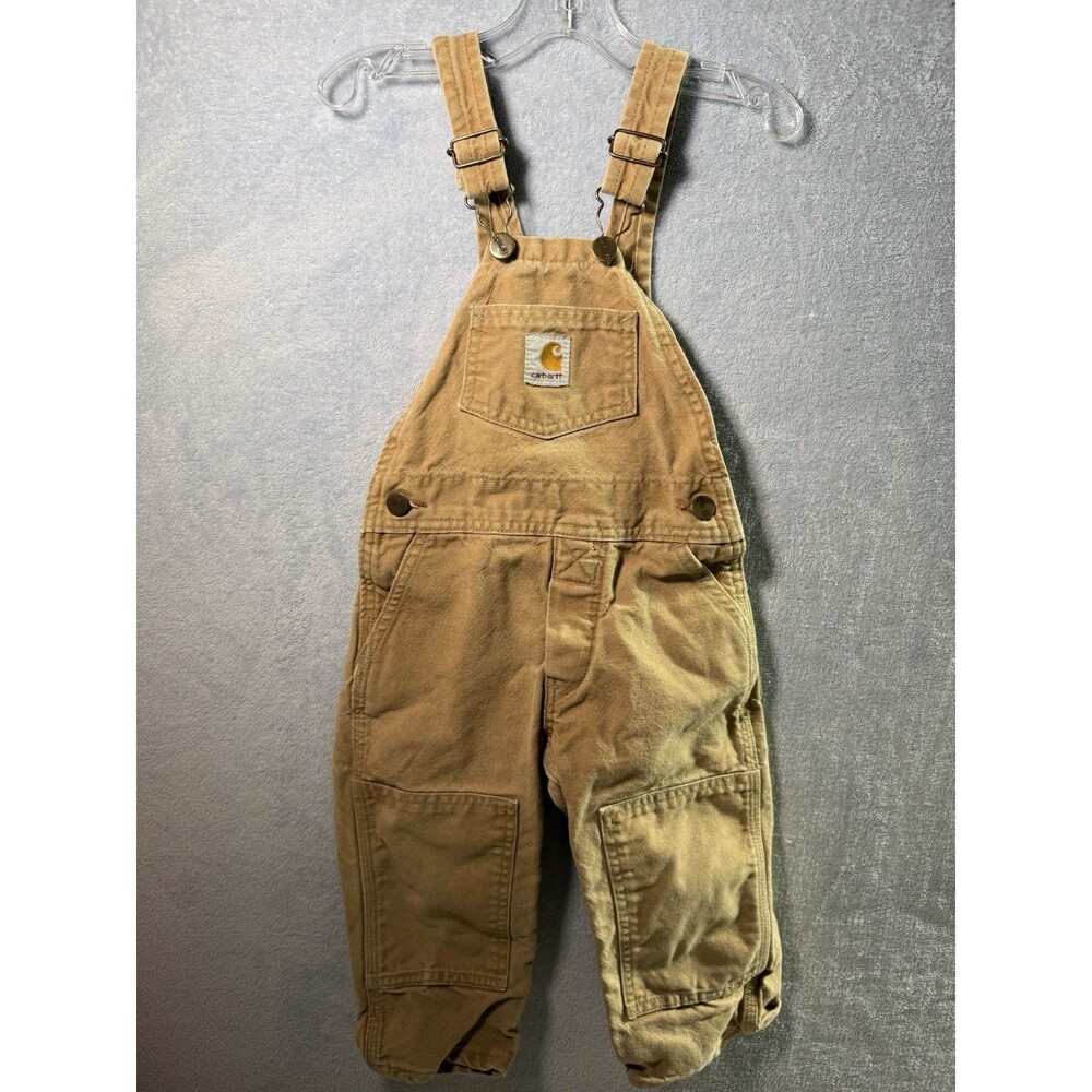 CARHARTT Bib Overalls Youth 3/4 Brown/tan Canvas Double Knee Pockets Workwear